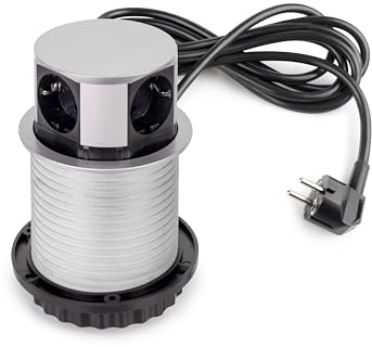 Emuca - Vertikal Push abnehmbare Mehrfachsteckdose Durchmesser 100mm, 3 Schuko-Stecker, 1 USB Typ A, 1 USB Typ C, Stahl und Kunststoff, Grau metallic