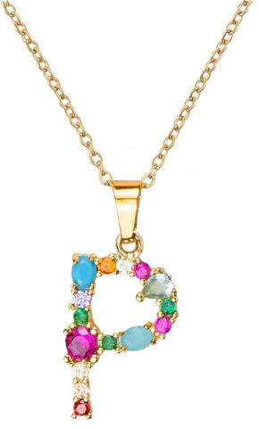 MARARDI Colgante Mujer Dorado con Inicial Personalizado - Collar Mujer con Letra [P] de Color Oro y Piedras de Colores - Apto para Cualquier Ocasión Original Elegante