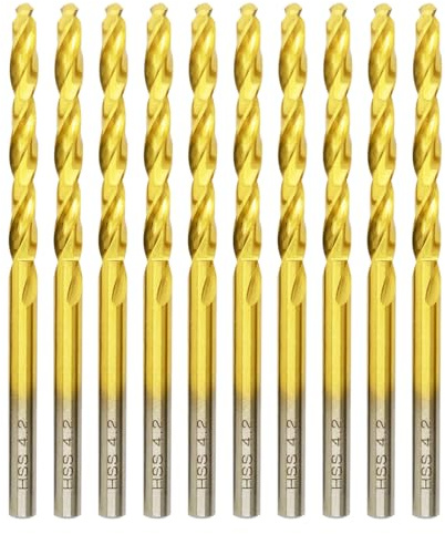 Hilpaty HSS-TiN Drill Bit 4.2mm x 75mm x 10pcs Titanium Coated Twist Drill Bits for Metal, Stainless Steel, Non Ferrous, Cast Iron, Wood