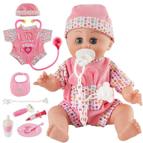 HERSITY Babypuppen Spielset mit 12 Ton und Automatisches Öffnen und Schließen Augen, Puppen Kleider Doktorkoffer Kinder, Lernspielzeug Rollenspiele 2 3 Jährige Mädchen