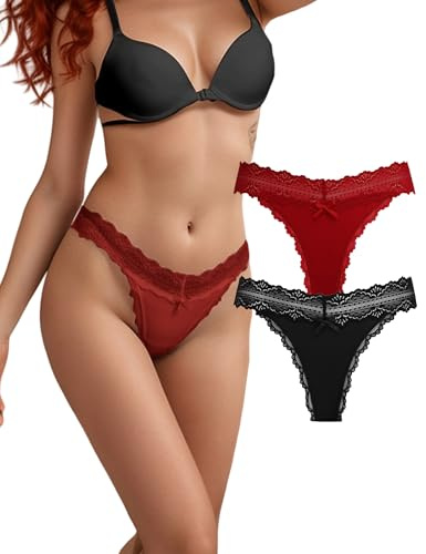 FULLJOYLOVE Sexy Femmes String Culotte Chaude Dentelle Slip Doux Haute Élasticité Taille Invisible sous-Vêtements Dentelle Noeud Culotte G-String et Tangas 2 pièces