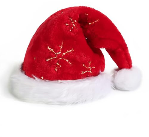 GEBETTER 1Pc Bonnet Noël Chapeau Père Noël Rouge avec Flocon de Neige Doré Déguisement pour Adulte Homme Femme