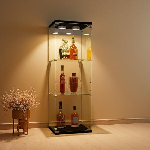DAHUEN Vitrine en verre sur pied avec serrure et éclairage LED - Vitrine en verre avec paroi arrière en miroir - 4 étagères en verre et 2 portes en verre trempé (noir, 42 x 36 x 125 cm)