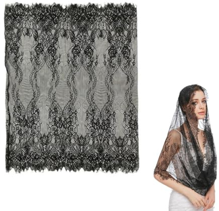 MIRKUZI Velos para mujer Velo de encaje negro, 1 velo largo, pañuelo de iglesia de encaje, chal, tocado, velo de mujer, elegante y hermoso encaje negro.