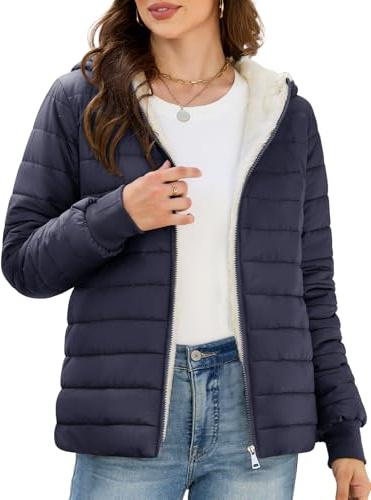 CMTOP Manteau Femme Hiver Polaire Chaud Courte Veste Matelassée, Légère Élégante Doudoune Résistant à l'eau Parka Rembourrée Manteaux en Peluche Blouson avec Capuche et Poches(Bleu Marine,L)