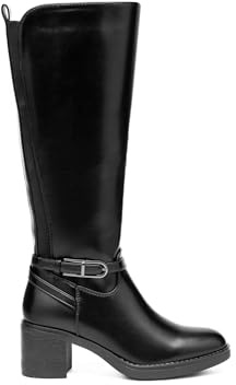 C'M PARIS Bottes Hautes Femme à Talon Bloc Carré. Style Cavalière Moderne en Similicuir avec Semelle Épaisse et Boucle Décorative