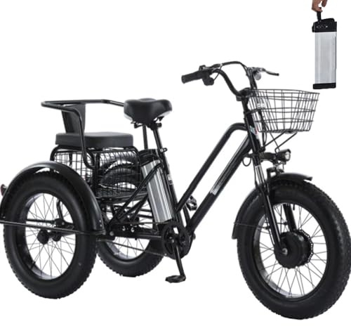 hKjPlvf Triciclo Elettrico Da 20'' Con Pneumatici Larghi per Adulti - Carico 200 Kg, Cestino Della Spesa + Seggiolino Posteriore per Bambini, Batteria Rimovibile Da 48 V/12 Ah - Autonomia 35 Km