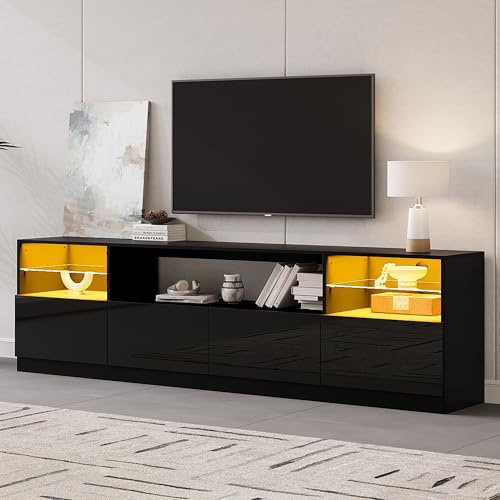 Mueble de TV con iluminación LED, armario abierto, 4 puertas batientes, 8 espacios de almacenamiento, armario negro brillante, soporte de TV para televisores de hasta 75 pulgadas, mueble bajo para