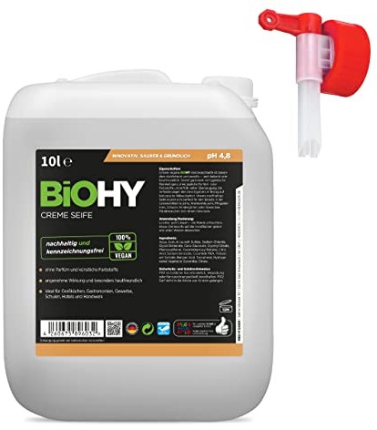 BiOHY Creme Seife (10 Liter Kanister) + Auslaufhahn | Hautschonende, rückfettende & geruchsneutrale Handseife | flüssiger Nachfüllpack mit pflanzlichen Inhaltsstoffen | auch für das Gesicht geeignet