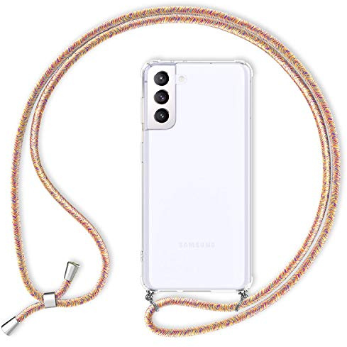 NALIA Coque Cordon pour Samsung Galaxy S21 Plus - Housse Hybride Transparente & Lanière - HANGIT (Dos Anti-Jaunissement & Réglable) - Marque Allemande, Couleur:Arc-en-Ciel