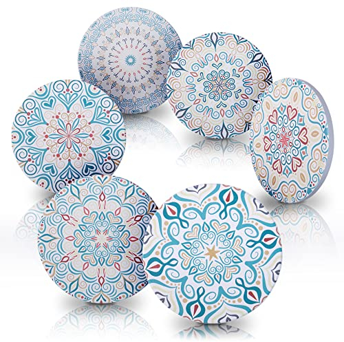Amazy Lot de 6 dessous de verre ronds en céramique, décoratifs, style bohème, avec surface en céramique et fond en liège pour verre, tasse et gobelet, antidérapants, résistants à la chaleur et