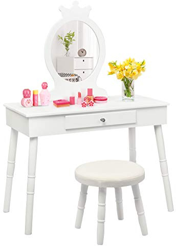 COSTWAY Kids Vanity Set with Mirror, Stool and Drawer, 2 in 1 Wooden Girls Dressing Table, Pretend Play Children Makeup Table and Chair Set for 3-7 Years Old