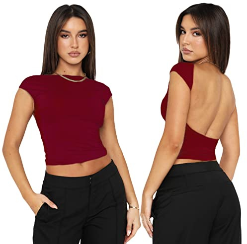 Arkim Top Dos Nu Femme Y2K Backless Top T-Shirts, Sexy Haut Dos Nu Femme Ete,Top Dupes,Top Court Style Réversible(as4, Alpha, x_s, Regular, Regular, Bordeaux)