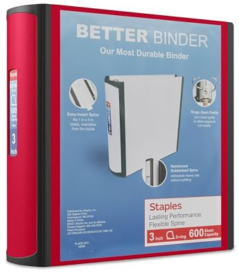 Staples Better Binder, 3 Heavy‑Duty D‑Ring 3‑Ring Binder, Red, Reinforced Spine, Holds 600 Sheets, Durable Organizer for Office, School & Presentations, 2‑Pack