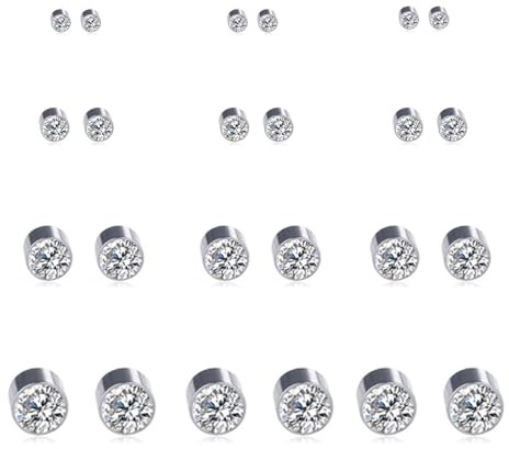 Spiritlele 12 Pairs Clear Crystal Magnetic Earrings Set Clip on Non Piercing Fake Stud Earrings for Unisex