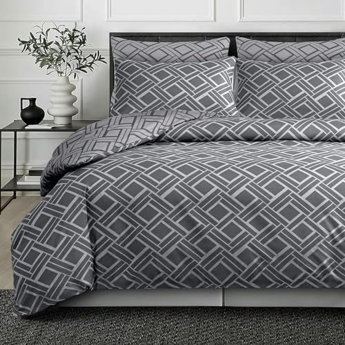 DEKORO King Size Duvet Cover Sets - Doublesided Premium Microfibre Bedding Sets King Size - Durable Bedding Linen Grey Checkered (220 x 230 cm)