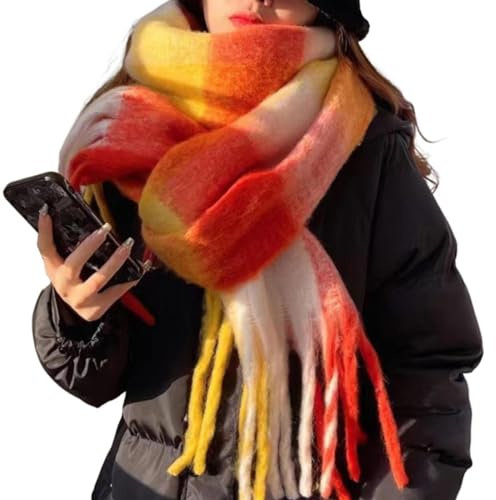 YCBMINGCAN Écharpe en tricot tissé pour femme avec motif à carreaux colorés et longues franges épaisses, écharpe bleue chaude d'hiver pour femme, Orange, taille unique