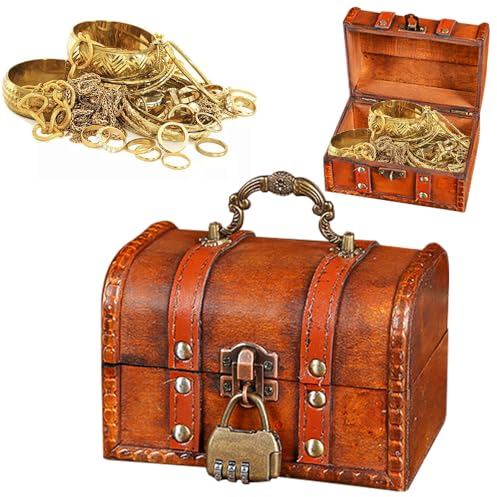 LPAMABA Scatole del Tesoro Vintage con Lucchetto,Scrigno del Tesoro in Legno con Lucchetto Pirati,Cofanetto del Tesoro in legno,Piccola Scatola Portaoggetti Baule per Gioielli, Collane, Orecchini