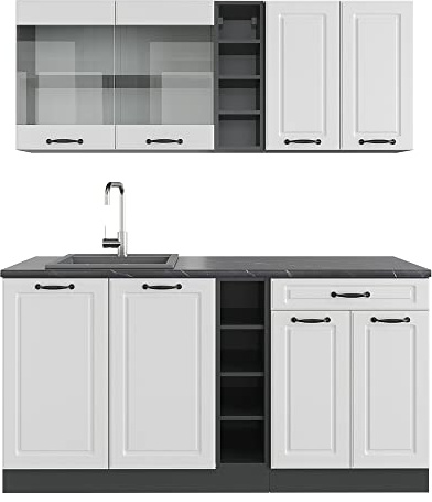 Vicco Singleküche R-Line, Weiß Landhaus/Anthrazit, 160 cm, AP Anthrazit, zur individuellen Erweiterung mit zusätzlichen Modulen geeignet