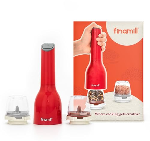 FinaMill Classic Battery Spice Mill – Battery Operated Salt and Pepper Grinder Set, Includes 2 Interchangeable Spice Pods, Adjustable Coarseness, Ceramic Grinder, LED Light, Home and Kitchen Gift Set