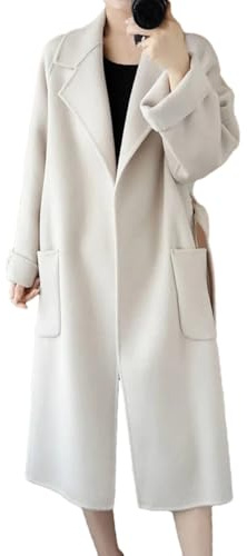 REHJJDFD Damen-Wollmantel, doppelseitig, Kaschmir-Mäntel mit Gürtel, Revers, lang, Erbsenmantel, weiß, XL