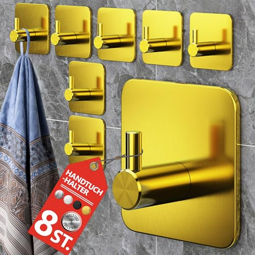 4smile Handtuchhalter ohne Bohren, 8er Set, Fb. Golden | Edelstahl Handtuchhaken, wasserdichte Haken selbstklebend - Rostfreie Badezimmer Handtuchhalter, Klebehaken für Bad und Küche