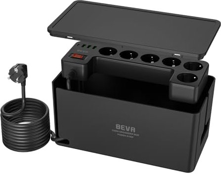 Ciabatta Multipresa con Scatola Cavi,BEVA Multipresa Elettrica 3 USB-A e 1 USB-C, Presa con Protezione Sovratensione, Ciabatta Elettrica Cavo da 4M, Nero, 3680W 16A