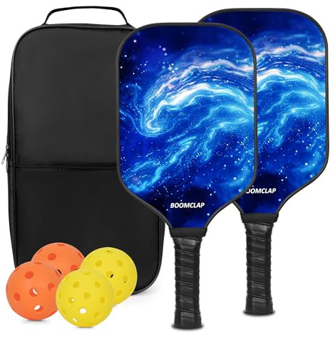 BOOMCLAP Pickleball paddlar set med 2 glasfiberytor, komplett med 2 racketar, 4 bollar och bärbar bärväska – perfekt för män och kvinnor