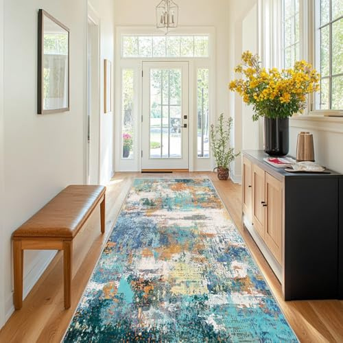 Chicnix Teppich Flur Küche 80x300, Teppich Läufer Waschbar Kurzflor rutschfest für Schmalen Gang, Moderner Abstraktem Malerei Teppiche für Eingangsbereich Schlafzimmer Dekor, Blau Grün Orange