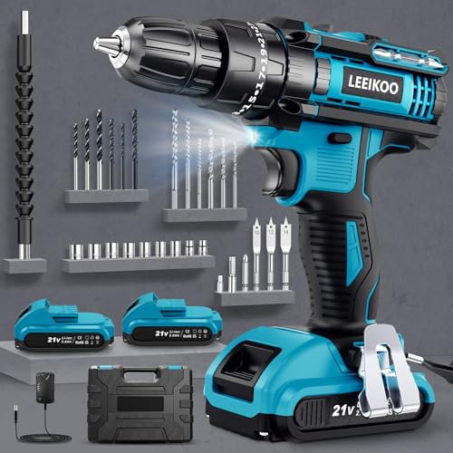 LEEIKOO Taladro Atornillador Bateria 21V con 2 Baterías 2,0Ah, Taladro Percutor a Bateria 42N.m, Atornillador Electrico 25+3 Ajuste de Par, 2 Velocidad, 28Piezas para Reparaciones y Bricolaje