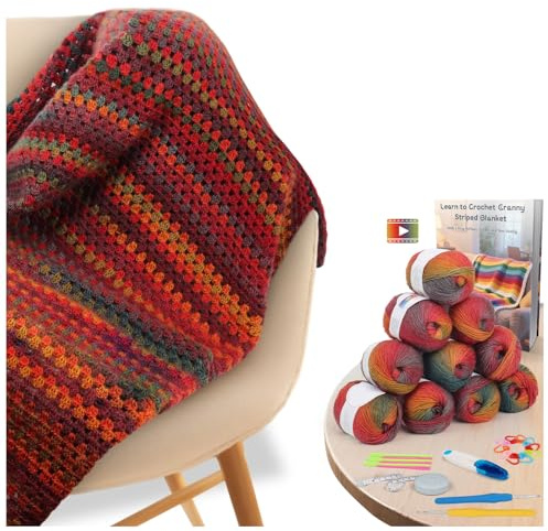 Aeelike Kit de ganchillo para principiantes, manta arcoíris degradado, kit completo de ganchillo para principiantes con hilo de lana suficiente y cálido, tutoriales de videos, kits de tejer fáciles