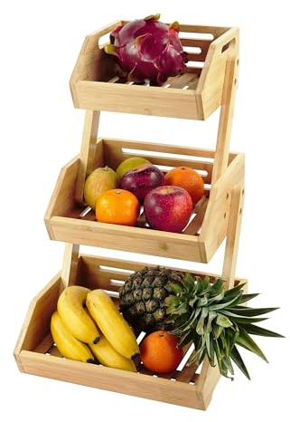 Relaxdays Fruktvåning bambu, H x B x D: 49 x 30 x 25 cm, korglager för frukt, grönsaker och bakverk, fruktskål kök, natur