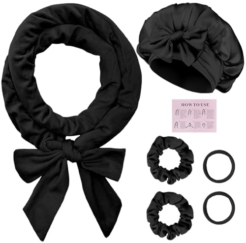 BUTBU Bigodino per Boccoli, Fascia Bigodino 6 Kit Fai da Te, Con Cuffia di Seta, Senza Calore, Con Fascia per Capelli, Morbido, per Salon Barber, Capelli Medi Lunghi- Nero