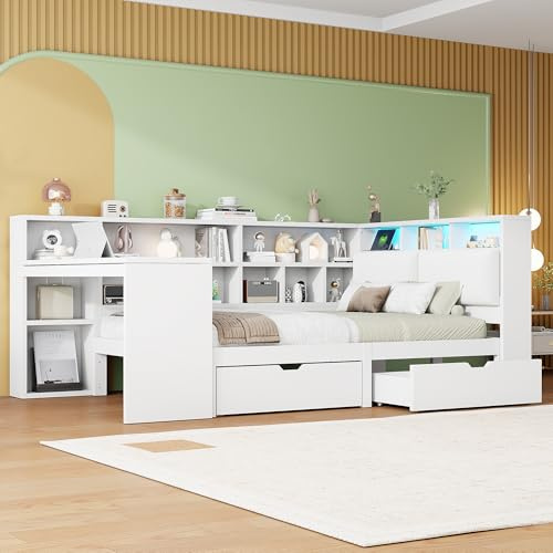 Lcoho Letto a piattaforma in legno a forma di L, 140 x 200 cm, con scrivania e libreria, capitano ad angolo con testiera imbottita, cassetti sotto il letto, luce LED - bianco