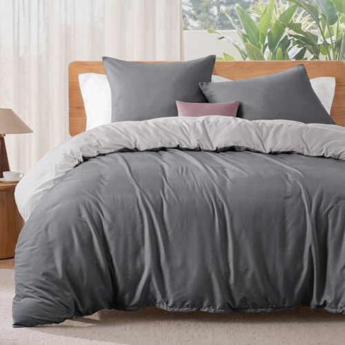 Exclusivo Mezcla Funda Nordica Bicolor Cama 135/150 - Funda Edredón 220x240cm y 2 Fundas de Almohada 80x80cm de Microfibra, Reversible, Suave y Confortable, Gris Oscuro