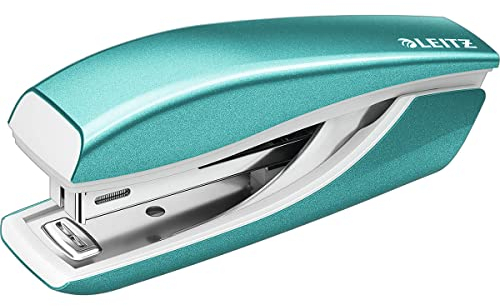 Leitz Mini-Heftgerät, 10 Blatt Tacker mit 1000 Heftklammern, Hefter aus Metall mit Kunststoffelementen, WOW Serie, Eisblau, 55281051