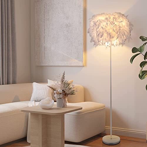ELINKUME LED Lampara de pie con Pantalla de Plumas,lámpara de pie Decorativa Para sala Salon,Lamparas Pie de Dormitorio con Estilo Moderno,DIY Poste de Luz,Bases Metalicas con Interruptor de pie