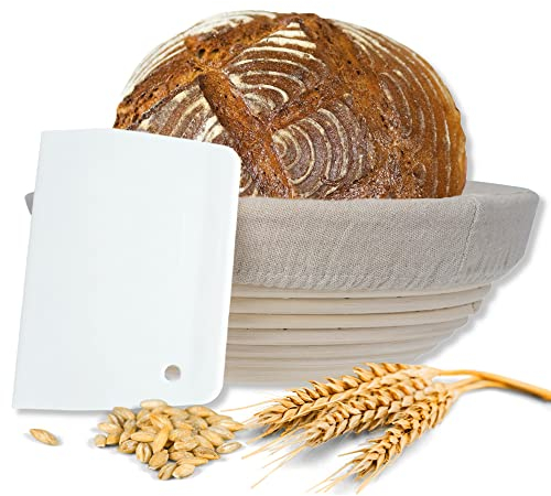 riijk Cestino da Lievitazione per Pane con Staffe in Inox (Rotondo, Ø 22 cm) + Raschietto per la Pasta di Pane - Cestino di Fermentazione Naturale - con Panno di Lino