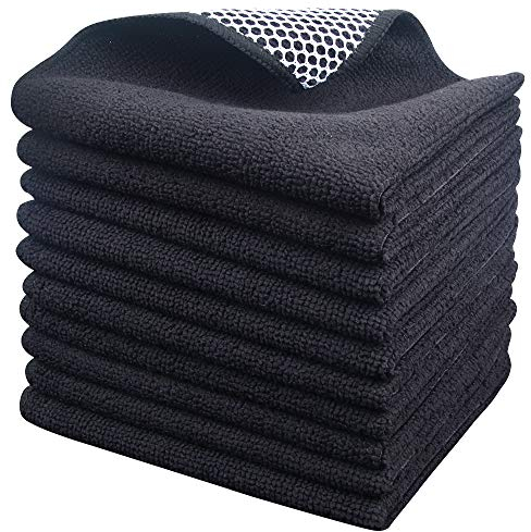 SINLAND 10er Set Mikrofaser Spültücher Geschirrtücher Mit Polyester Mesh streifenfrei Spüllappen wiederverwendbar Reinigungstücher Mikrofasertücher Staubtuch für Auto, Küche, Bad 30cmx30cm schwarz