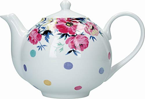Mikasa Clovelly - Teiera in porcellana bianca con motivo floreale e pois multicolore, 1 litro