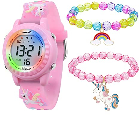HMJIA 3D Cartoon Design Armbanduhr für Kinder Jungen und Mädchen 3ATM Wasserdicht Kinderuhr mit Wecker/Datum/Stoppuhr/LED (LED Rosa Einhorn)