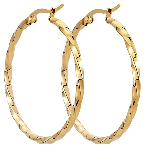 BONNYBIRD® Creolen Gold Groß Gedreht Edelstahl Damen Statement Ohrringe Goldene Frauen Kreolen Hoops 40mm Wasserfest Schmuck Vergoldet Hypoallergen Chirurgenstahl Medizinisch Nickelfrei Dünn Rund
