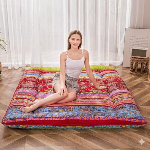 MAXYOYO Matelas Futon de Sol Japonais - Matelas Tatami de Appoint Lit Japonais,Futon Pliable avec Sac de Transport & Housse Matelas pour Les Voyages d'invités et Le Camping (Bohemian C,90x190cm)