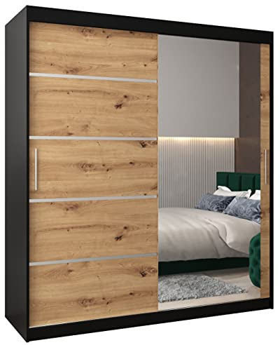 ABIKSMEBLE Verona 2 180 Armadio da Camera a Due Ante Scorrevoli - Armadio Moderno con Specchio, Barra e Ripiani - 180x200x62 cm (L x A x P) - Nero Opaco + Artisan
