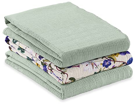 hauck 3 Musselintücher für Babys Cuddle N Clean, Spucktücher Pucktücher Stilltuch aus 100% weicher Baumwolle 80 x 80 cm, Atmungsaktiv und Leicht zu Reinigen (Sage/ Beige Floral)