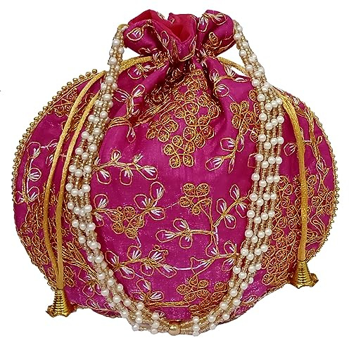 Purpledip Silk Potli Bag (Clutch, Drawstring Purse): Aufwendige Goldfaden-Stickerei Satchel für Damen, Deep Pink (12602G), Pink Vines, Large