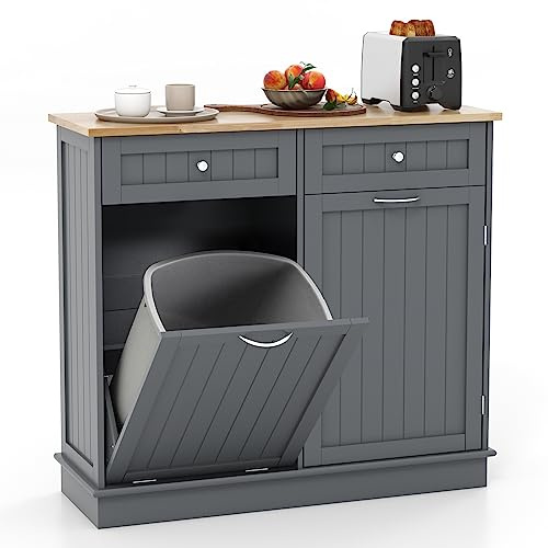 GYMAX Credenza da Cucina, Isola da Cucina con 2 Cassetti, Ripiano Regolabile, Vassoio in Gomma per Sala da Pranzo, Soggiorno, Adatto per Bidone (non incluso) da 42L, 100 x 35 x 90,5 cm (grigio)