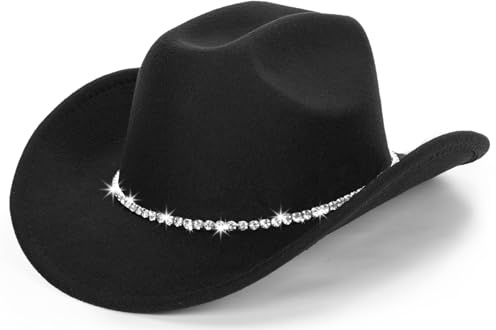 Sombrero clásico de Fieltro Occidental de Vaquero para Mujeres y Hombres, Sombrero de Jazz con Banda (Lagre), Negro con Banda de Diamante, Large