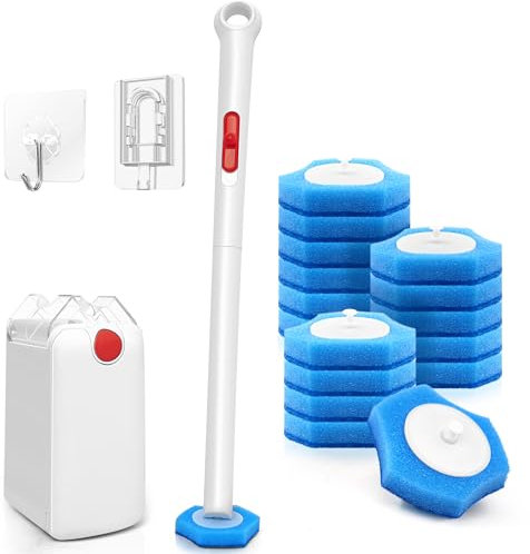 JEHONN Disposable Toilet Brush and Holder Set with Upgraded Clamping System, Wall Mounted Bathroom Bowl Scrubber Cleaner Wand System for Bathtub Sink Wash Basin, 16 Refills