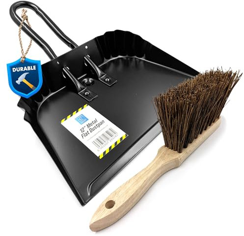 Metal Dustpan and Brush Set Featuring Flat Lip for Better Floor Contact Brush and Dustpan with Stiff Hand Brush and Dustpans with Serrated Edges Dust Pan